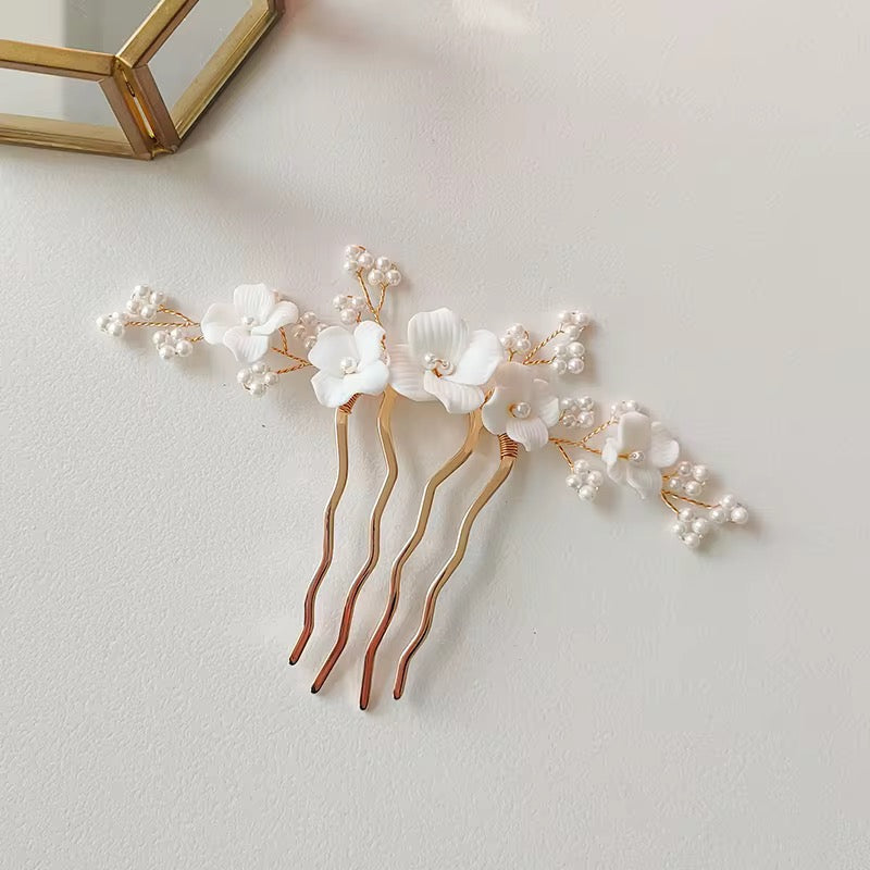 Jill White Flower and Pearl Gold Bridal Hair Comb - Lizabetha Parker