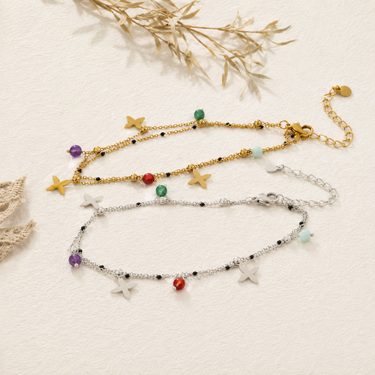 Cross Charm Stone Anklet