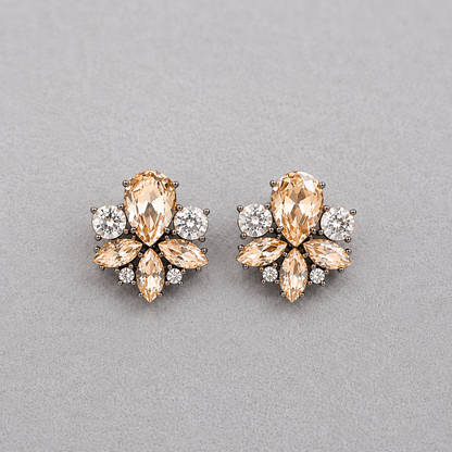 Champagne crystal floral stud earrings for weddings, bridesmaids and elegant everyday wear displayed on a light grey background