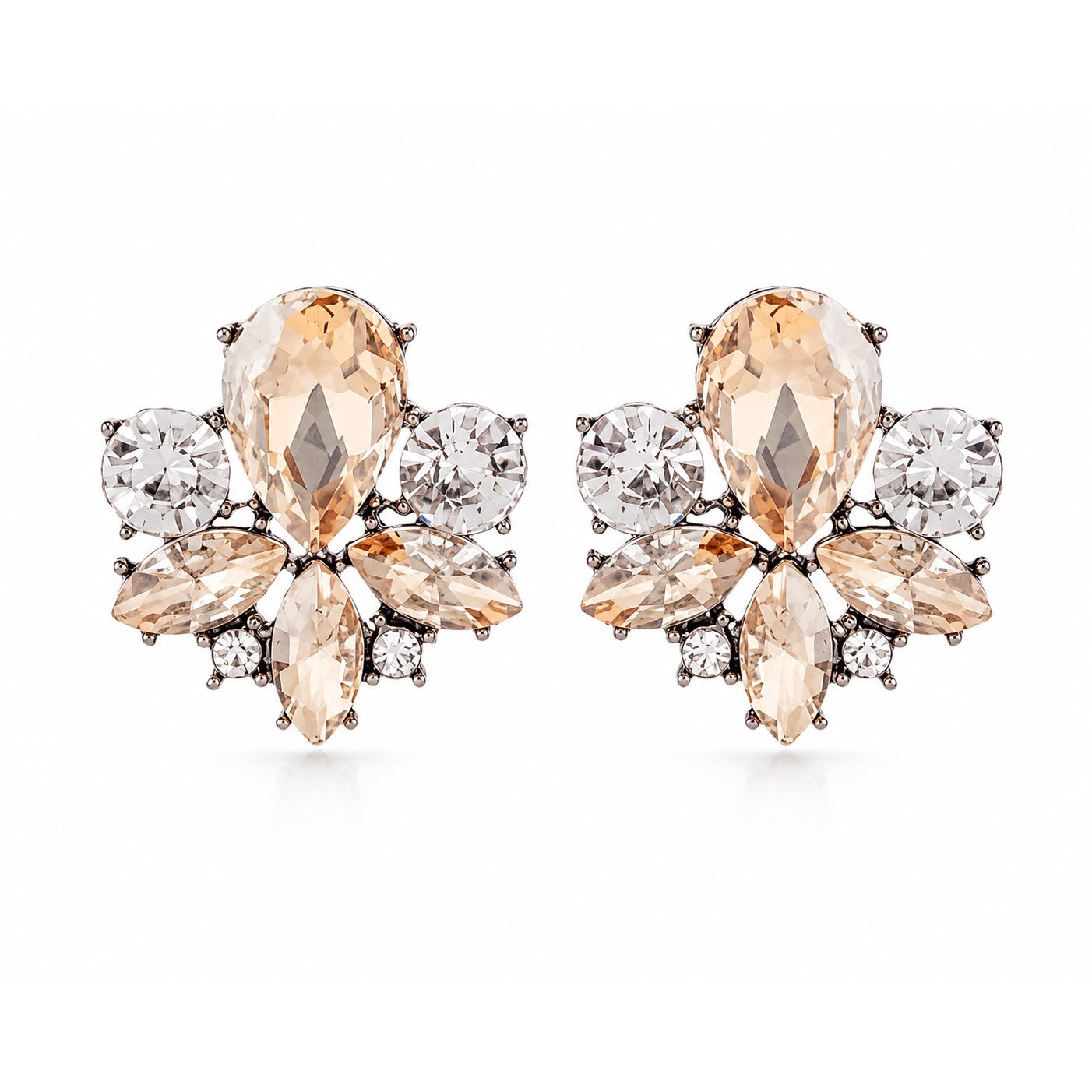 Champagne crystal floral earrings with pear and marquise-cut stones, perfect for brides, bridesmaids and everyday elegance.