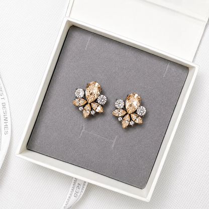 Champagne crystal floral stud earrings in gift box.