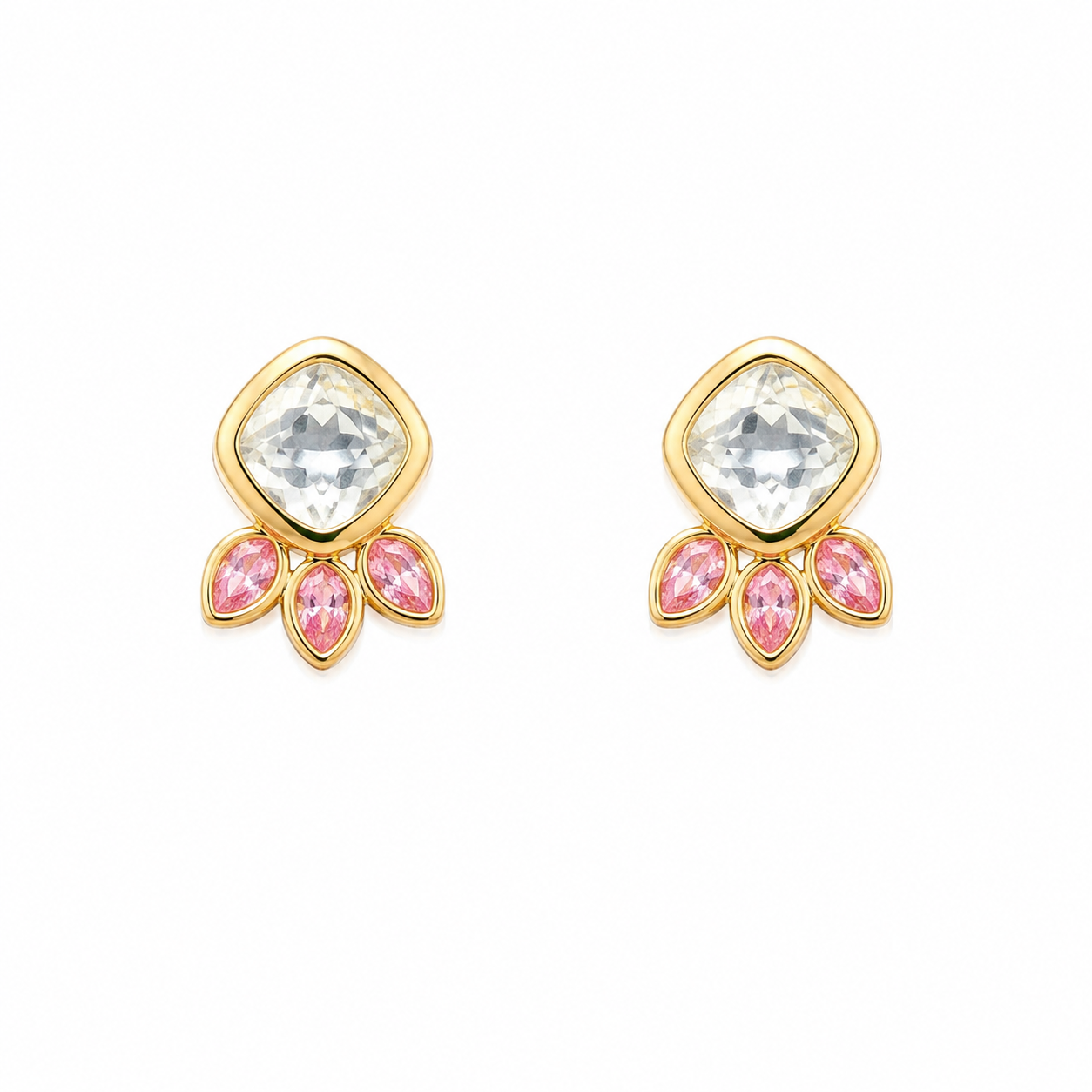 Gold stud earrings with clear crystal centre and pink marquise crystal details on a white background