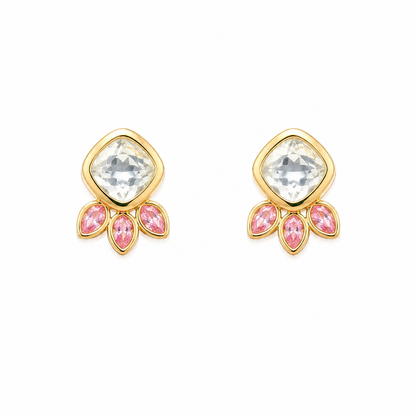 Gold stud earrings with clear crystal centre and pink marquise crystal details on a white background